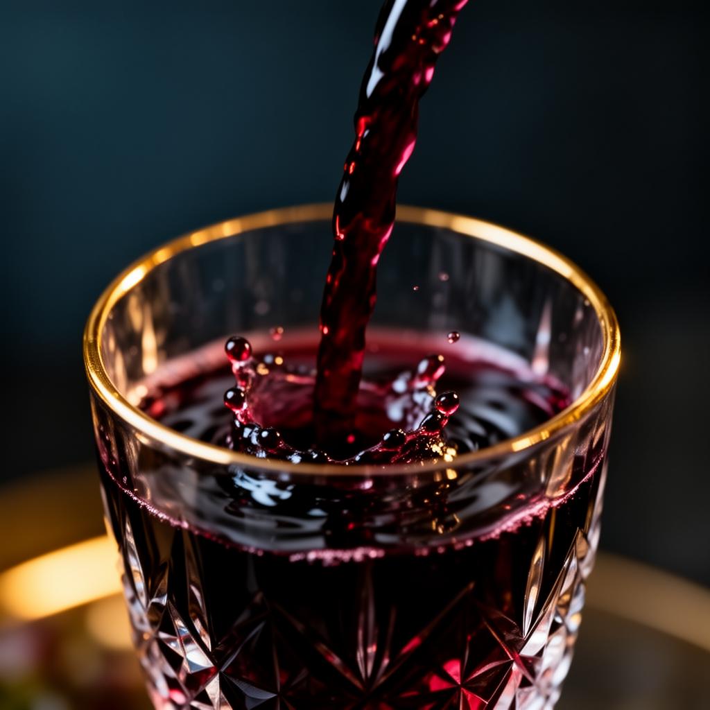 Deep red Merlot pouring into a crystal glass with gold rim